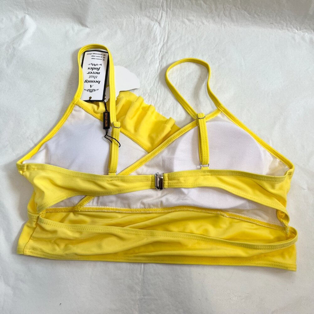Retro Stage bikini top yellow ruffle v neck US Large CN XL swimsuit swim - Picture 2 of 4